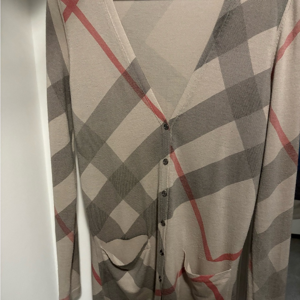Burberry Tan and Red Knit Cardigan